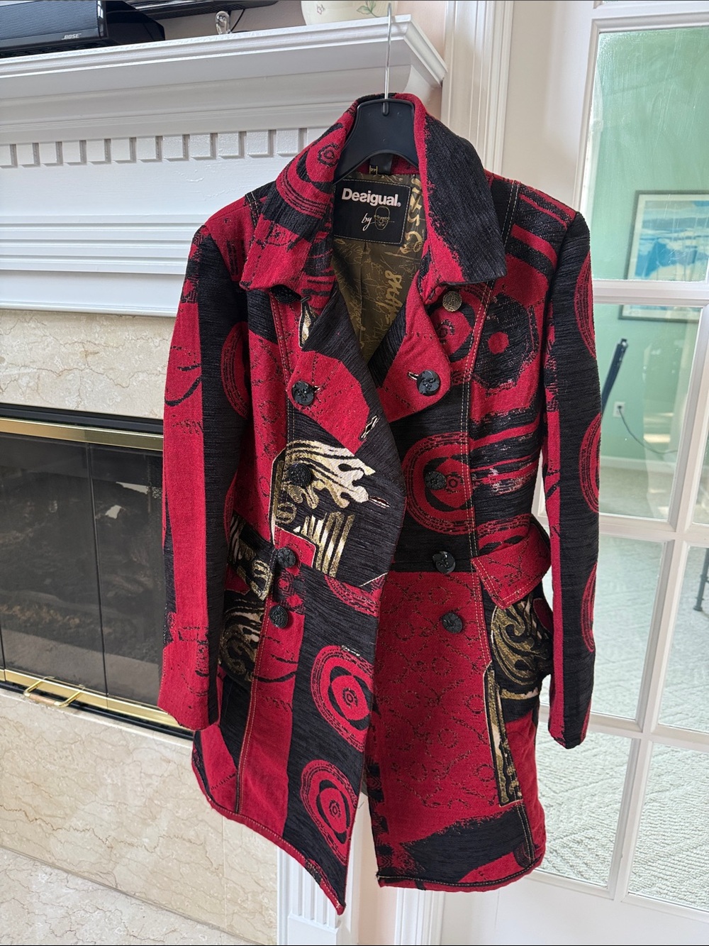 Desigual Red, Black & Gold Patterned Double-Breasted Pea Coat